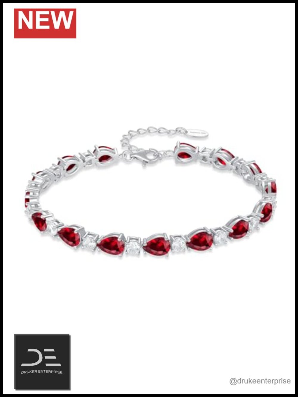 925 Sterling Silver Birthstone Tennis Bracelet Pear Ruby CZ 6.69 Inches